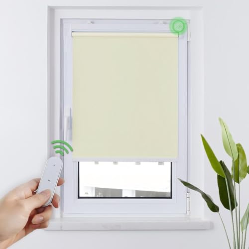 HOMEDEMO Store Enrouleur Occultant Électrique M100, 120 x 140 cm, Crème | Moteur & Télécommande, sans cordon, tissu 100% polyester, occultant thermique, montage avec/sans perçage, sécurité enfant