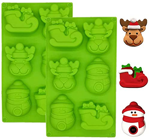 Christmas Silicone Mould, 2 Pack BREEZO Large 6 Cavities Elk Sleigh Snowman Shapes Cake Moulds Soap Candy Chocolate Muffin Jelly Trays Baking Molds for Christmas Xmas New Year Cake Decoration