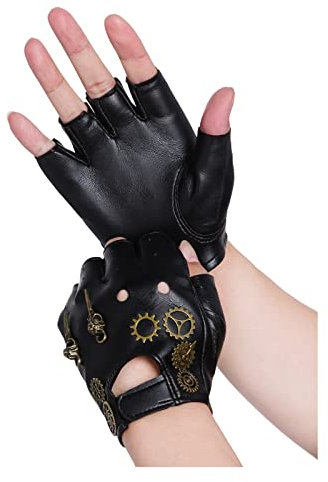 Fumwase Steampunk Handschuhe PU Leder Gothic Vintage Handschuhe Fingerlose Fäustlinge Heavy Metal mit Zahnräder Rocker für Halloween Cosplay Dress Up Rollenspiel Kostüm Performance Zubehör