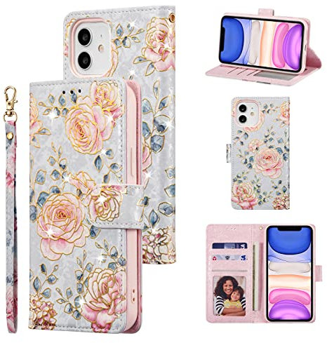UEEBAI Wallet Case for iPhone 11, PU Leather Phone Case Kickstand RFID Blocking Flip Case with Card Slots Wrist Strap Relief Engraved Pattern Magnetic Closure Folio Case - Purple Rose