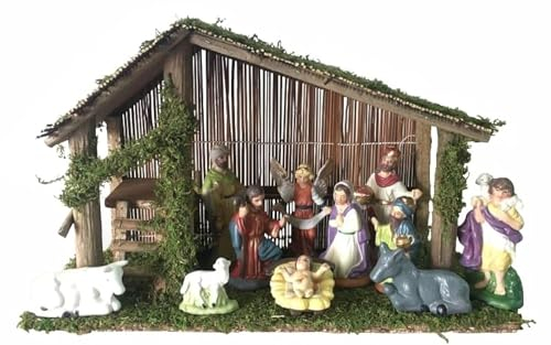 Rocky Mountain Goods 11-teiliges Porzellan-Krippen-Set mit Stall – 5.1 cm – 12.7 cm Porzellan-Figuren mit 40.6 cmx11 cm Stall – Krippen-Set für Weihnachten drinnen – Jesus, Maria, 3 Weißfrauen, Engel