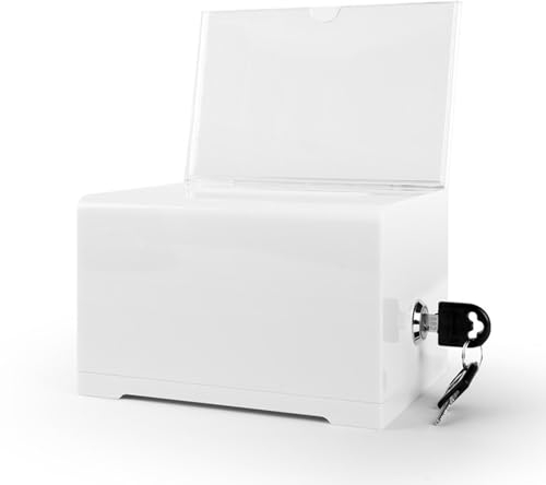 WANLIAN Weiße Spendenbox mit Schloss, Abstimmungsbox mit Schildhalter, Suggestion Box Lagerbehälter für die Abstimmung, Raffle Box, Tipp Jar 6,2 x 4,6 x 4,0 