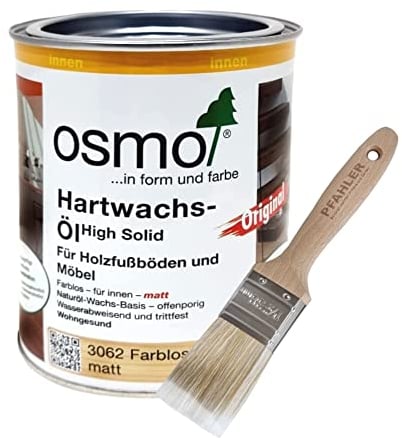 Osmo Hartwachs-Öl Original 3062 0,75 l farblos matt für innen + Flächenstreicher Pinsel Gratis. Holzschutzmittel Landhausdielen Korkfußboden Möbeloberflächen