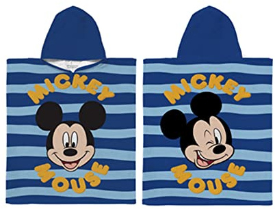 Disney Character World Offizieller Mickey Mouse Kapuzenhandtuch-Poncho | super weiches Gefühl, Meeresstreifen-Design | Bademantel, perfekt für Zuhause, Bad und Strand, Blau, Weiß, 115 x 50 cm