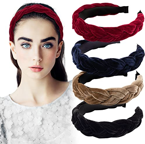 4pcs Bandeau Cheveux Serre Tête Tressé en velours Cheveux Large Femme Headband Large Épais Noir Rouge Bleu Brun Accessoires de Coiffure pour Femmes et Filles