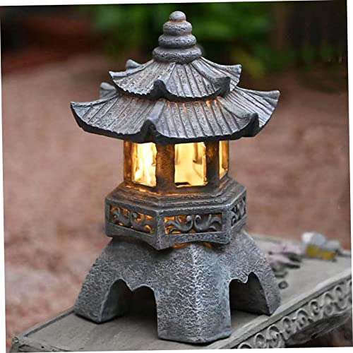 Hemore Linterna de Pagoda Solar, Resina de 10.2 Pulgadas estatuas de Linterna de Estilo Japonesa, Adorno Decorativo de Paisaje Zen de jardín para la decoración del Arte del Patio del Porche (Estilo