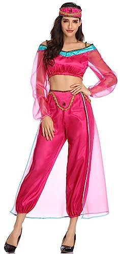 TRACYCY Princesse Jasmine Femme Adulte Halloween Déguisement Aladdin Princesse Haut et Pantalon avec Coiffe 3 Pièces Set Ventre Latine Costume Fancy Dress Up Halloween Noël Carnaval Anniversaire Fête