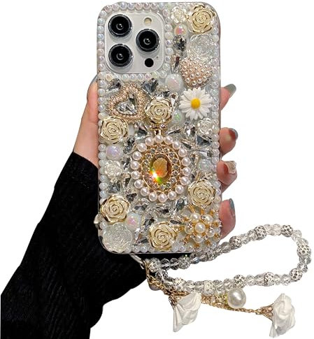 iFiLOVE for iPhone 15 Plus Bling Diamond Case with Flower Strap, 3D Luxury Sparkle Glitter Crystal Rhinestone Pearl Love Rose Wristband Bracelet Case Cover for Girls Women Kids (White)