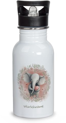 Print Royal PR Trinkflasche Kinder Edelstahl mit Strohhalm und Name - 500 ml, BPA-frei, Auslaufsicher - Personalisierte Trinkflasche für Kinder mit Elefant, Geschenk zur Einschulung