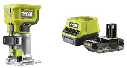 Ryobi - Affleureuse à bois 18V - 30 000 tr/min - Livrée avec 1 pince de 6 mm, 1 mèche de coupe, clé, guide - 1 batterie 2Ah, 1 chargeur rapide et 1 coffret de 5 fraises panachées (6mm)