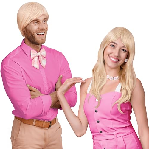 Balinco Perücken Set Blondine Lang + Herren blond Kurz, Kurzhaar Männer + Langhaar Damen Frisur, hellblond, Karneval Kostüm Accessoires, Partnerlook, Cosplay, Anime,Fasching, Halloween