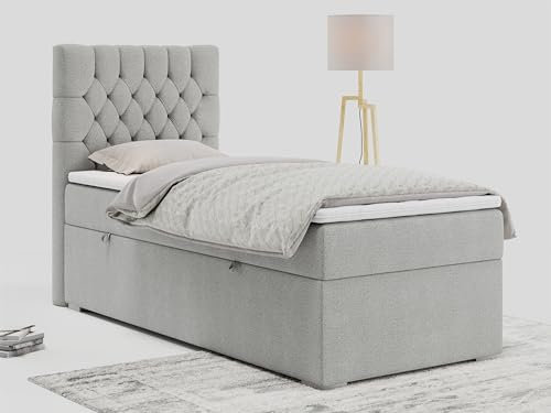 MKS MEBLE Boxspringbett 90x200 mit Matratze, Einzelbett 90x200 mit Bettkasten und Topper, Jugendbett 90x200 mit Stauraum -PERA 90 cm - Hellgrau Struktur - H4 - Linke Seite