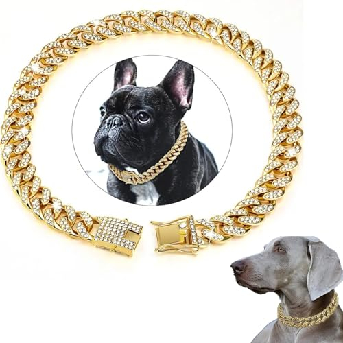 Vokowin Goldene Hundekette, kubanisches Diamant-Halsband, goldfarben, Metallkette, Halsband mit Design, sichere Schnalle, Haustier-Schmuck, Zubehör, Kette, Halsband, Zubehör für mittelgroße und große