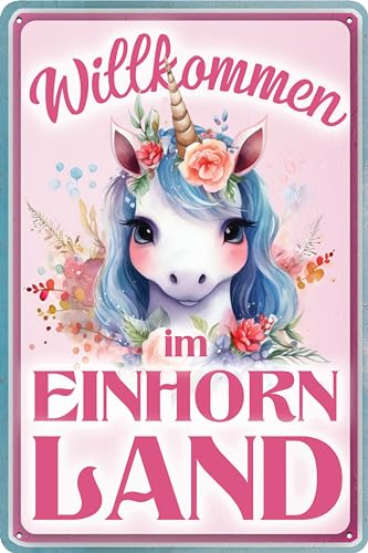 LUCKYLINDE - 30x20cm Blechschild, Kinderzimmer Deko Schild – lustiger Einhorn Spruch - „Willkommen im Einhornland“