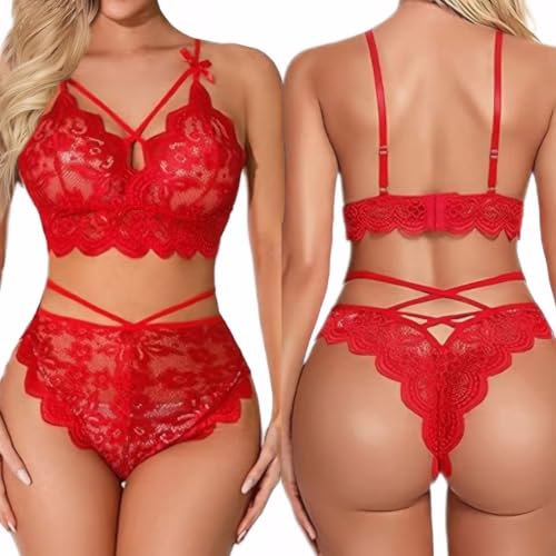 KFLY Sexy Bra and Panties Set Lace Floral Embroidery Push Up Bra with Sheer G-String See Through Lingerie Set 2 Pieces Underwear Crisscross Nightwear for Valentine‘s Day Daily Wearing (Red, 2XL-3XL)