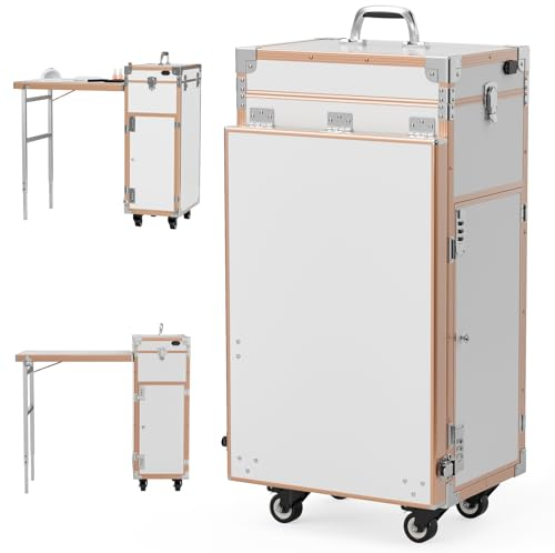 CyyKcc Portable Rolling CyyKcc Manicure Case, Foldable Traveling Nail Desk with Storage, Manicure Train Case with Worktable and Mirror, Bluetooth Player Cosmetic Trolley Case Nail Table, White