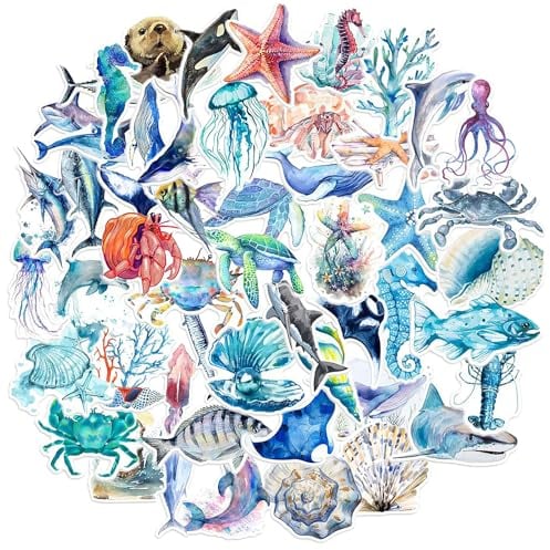 GEEHUA 50 Stück Meerestieren Aufkleber, Wasserfest Sticker Unterwasserwelt Selbstklebend, Unterwasser Meereslebewesen Ozean Fisch Aufkleber für Kinder, für Geburtstagsparty, Scrapbook, Skateboard