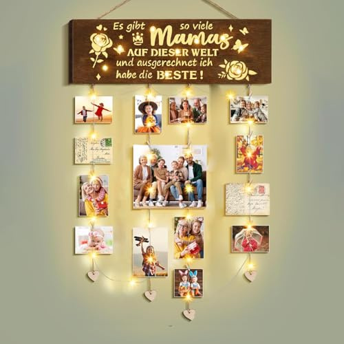 Sunwuun Personalisierte Weihnachtsgeschenke für Mama Geschenke Muttertag Bilderrahmen, Mama Geburtstag Geschenke Hängende Fotohalter leuchtende Collage Rahmen mit LED String Photo Kleiner Clip
