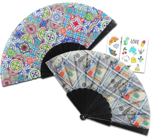 Handheld Folding Fan Rave 2 Pack - Bundle with 2 Folding Fans with Money Design for EDM Festival, Concerts, Club, Parties, Events, More Plus Tattoos | Folding Fan Pack