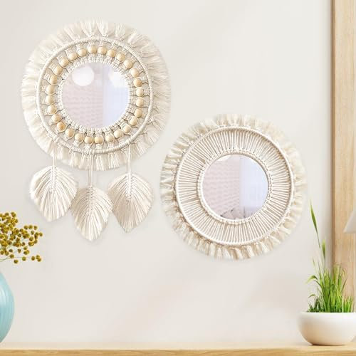 Wandbehang Dekorativer Spiegel Mit Gewebten Fransen, 2 Stück Quaste Spiegel Wandbehang, Boho Runder Wandspiegel Mit Gewebten Fransen, Makramee Wandspiegel Für Wohnzimmer Schlafzimmer Room Dekoration