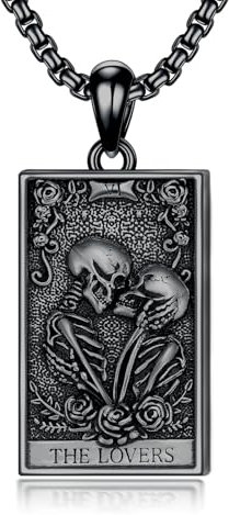 enjoylifecreative Skelett Tarotkarten Halskette für Frauen Männer 925 Sterling Silber Totenkopf Rose Anhänger Kette Halloween Valentinstag Gothic Schmuck Geschenk für Damen Herren-Schwarz