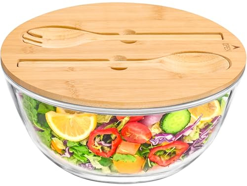 GEHE Glass Salad Bowl with Sealing Lid, 10.6Inch Large Trifle Bowl Glass Fruit Bowl, 4.7 Quart Large Capacity Serving Bowls for Salad, Pasta, Fruit, Dessert Display Cake, Microwave Safe