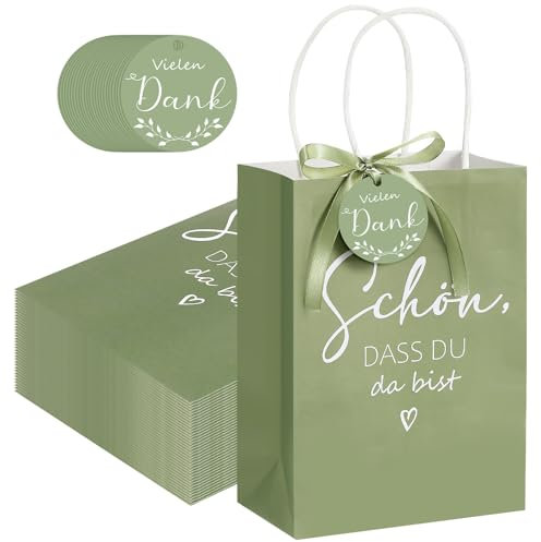 Clabby 50 Geschenktüten Schön Dass du da Bist Papiertüten zur Begrüßung mit 50 Runden Hängeetiketten Vielen Dank 22 m Geschenkbänder Salbeigrün für Party Hochzeit Gastgeschenke Kommunion Taufe