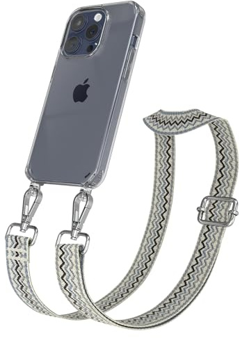 EAZY CASE Handykette - Verstellbares Taschenband kompatibel mit iPhone 15 Pro, Schulterriemen, Handykordel mit Silikon Hülle, Umhängetasche, Beige Blau Silber