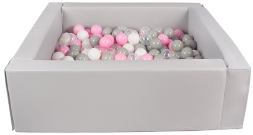 Velinda Piscine à balles carrée avec 300 balles, Cuir écologique, 5 éléments (Couleur de la Piscine/de balles: Gris/Blanc, Transparent, Rose Clair, Gris)