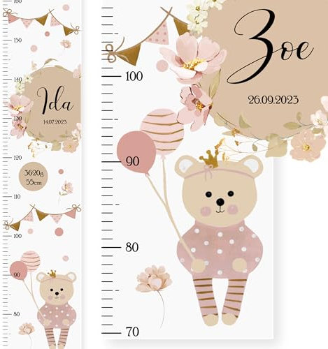 EmiliaLotte Personalisierte Kinder Messlatte Holz mit Wunschname & Daten I Messlatte Kinder 70-160 cm I Montessori Messlatte Kinder Holz in Weiß - Teddy Rosa I Messlatten für Kinderzimmer