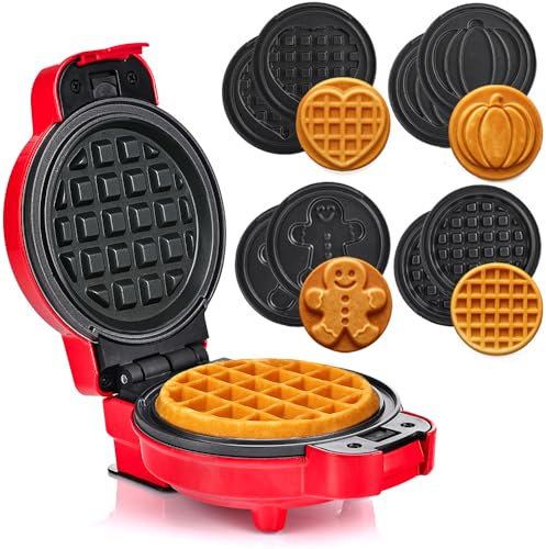LEHMANN Mini Gaufrier avec Plaques Interchangeables, 4 formes – Citrouille, Pain d’épices, Cœur et Classique, Revêtement antiadhésif, Idéal pour les anniversaires d’enfants, Rouge
