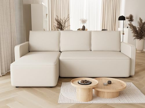 BROMARKT Sofa mit Schlaffunktion Ecksofa L-Form mit Bettkasten Couch Samt Schlafsofa mit Relaxfunktion QULIO 3 sitzer 220x149x85 cm Beige