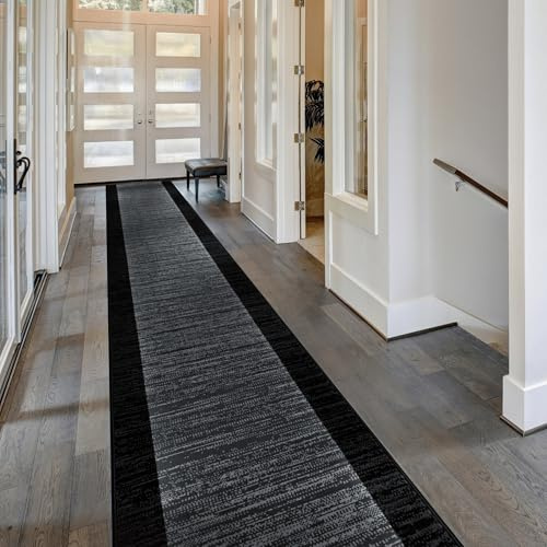 runrug Soft & Luxurious Hallway Runner Rug - Comfortable Carpet for Hall, Kitchen & Corridor - Multiple Sizes - Stain-Resistant, Dirt-Resistant - 70cm x 480cm - 9mm Thick - Morning Mist, Black