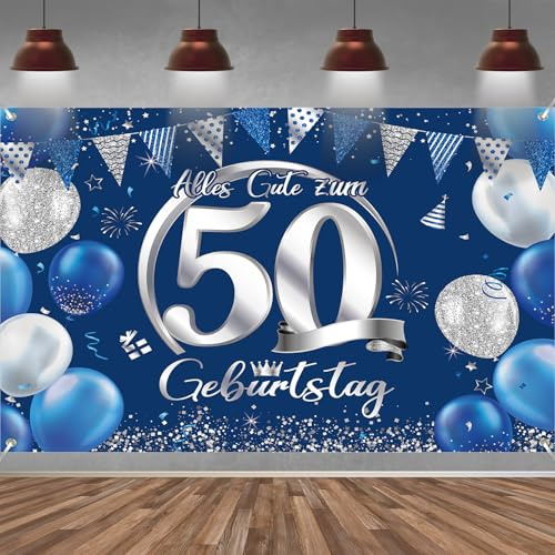 50. Geburtstag Banner Frauen Männer Deko Blau Silber 50 Geburtstag Hintergrund Banner, Extra Große Stoff Schild Poster für 50. Geburtstagsparty Deko, 210x150 cm