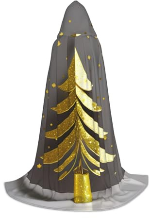 Mantello con cappuccio unisex gotico dorato con stampa albero di Natale glitterato varietà mago carnevale veste Halloween Cosplay Natale, Nero , L