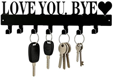 Fakcrkun Love You Bye Sign Key Holder for Wall, Self Adhesive or Drilling Key Holder, Metal Key Rack with 7 Hooks, Key Hanger for Living Room, Kitchen, Office