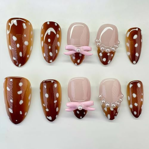 Auroriel 24 Pieces Autumn Brown Short Almond Press On Nails White Dots Bow Pearl Design French Tip Cute Artificial Nails Full Cover Acrylic Fake Nails For Women Daily Dec