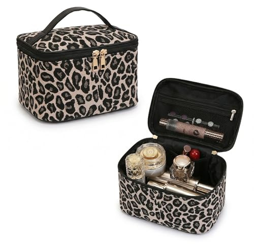 ZOMKIFA Beauty Case Donna Leopard Organizer Viaggio Waterproof Beauty Case Portatrucchi Polyester con Maniglia per Viaggio Nero