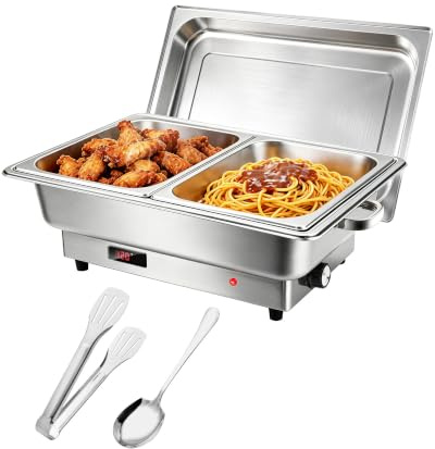 Electric Chafing Dish, 9L Stainless Steel, Half-Size Buffet Server | Temperature Control Display, Food Warmer, 1/2GN*2, For Parties, Catering, Festivals