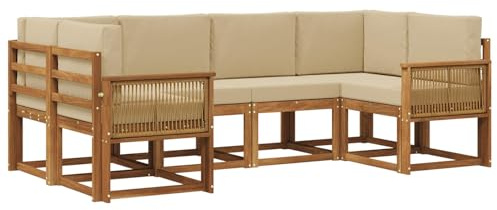 vidaXL Outdoor-Sofagarnitur 6 pcs Natur und Beige Massivholz Akazie, Akazienholz, modernes Gartensofa, Outdoor-Sitzgruppe, Gartenmöbel für die Veranda, wetterfest