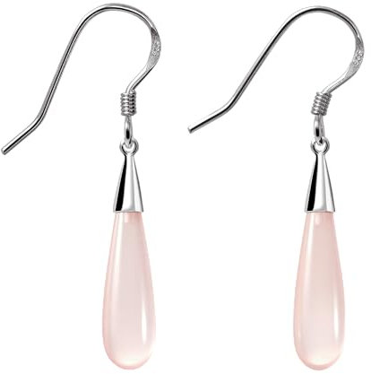 Franki Baker Long Elegant Pear Shaped Light Dusty Pink Rose Quartz Gemstone Drop Earrings 925 Sterling Silver Length: 4.5cm