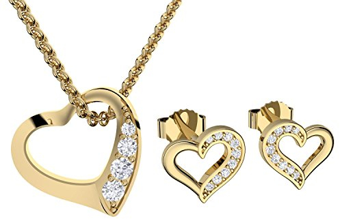 Schmuck-Set Damen Herz-Kette Gold (Silber 925 hochwertig vergoldet) & Herz-Ohrstecker Gold aus Zirkonia von Amoonic Geschenk-Set Frauen Weihnachten Echt-Schmuck strass FF201VGGGZIFA