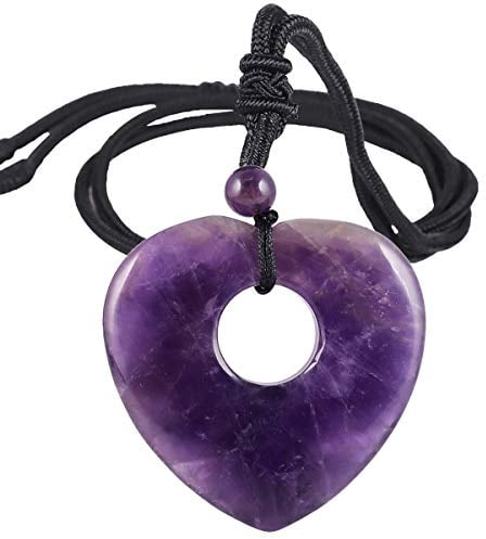 Nupuyai Healing Crystal Heart Pendant Necklace for Women, Natural Polished Stone Pendant with Adjustable Cord, 70cm Amethyst