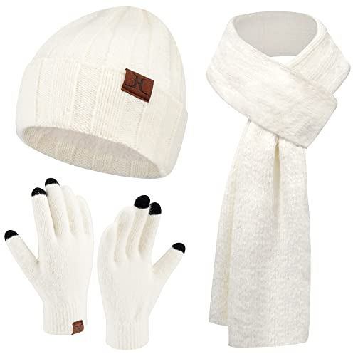 Damen Winter Warm Beanie Mütze Touchscreen Handschuhe und Lang Schal Set mit Fleece Gefütterte, Thermo Wintermütze Strickmütze Schals Winterhandschuhe Strickhandschuhe Frauen Geschenk, Weiß