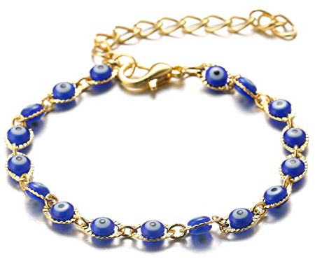 HALUKAKAH Malocchio Bracciale per Donna Uomo,Oro Giallo Reale 24k Elastico Fatto a Mano Protezione Mal de Ojo Gioielli Multipli Zaffiro Occhi Azzurri Braccialetto con Confezione Regalo Gratuita