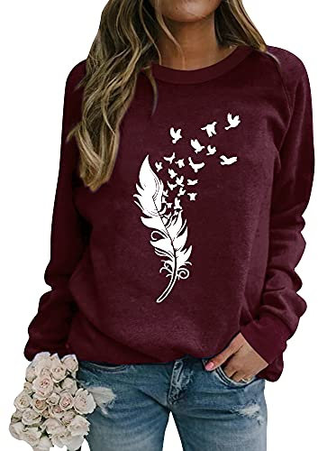 Dresswel Pullover Damen Feder Drucken Sweatshirt Langarmshirt Rundhals Langarm Shirts Herbst Winter Pulli Tops Oberteile Bluse(3-Weinrot, XL)