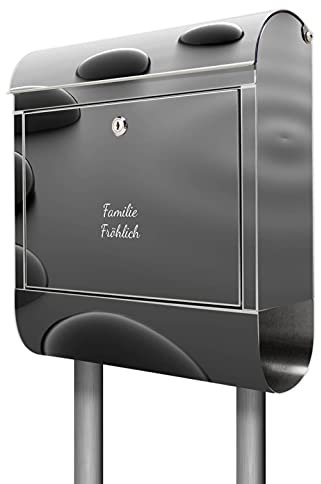 banjado® Briefkasten mit Standfuß personalisiert Motiv Schwarze Steine - Stand Briefkasten Edelstahl mit Zeitungsfach - Postbox/Postkasten A4 Einwurf inkl. Montagematerial & 2 Schlüssel