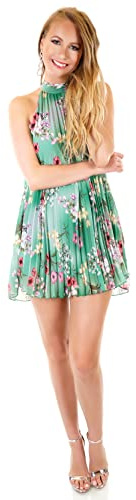 Zeralda Damen Mini Kleid Plissee Falten Sommer Neckholder Tunika weit schwingend 34-40 geblümt
