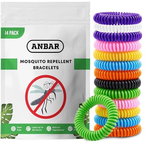 Anbar Mosquito Repellent Bracelets Bands for Adults and Kids, 14 Pack, All-Natural Deet-Free, Non-Toxic Protection, Stretchy Waterproof Anti-Mosquito Wristbands for Hiking and Camping