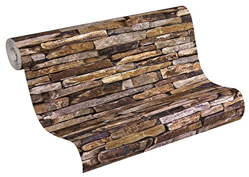 BRICOFLOR Steine Tapete | Naturstein Tapete in 3D Optik | Steintapete in Braun und Grau für Wohnzimmer und Küche | Vliestapete in Stein Maueroptik